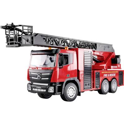 A red fire engine with a ladder and inscription 'Fire & Rescue' stands ready to rescue. The vehicle has six wheels.