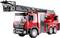 A red fire engine with a ladder and inscription 'Fire & Rescue' stands ready to rescue. The vehicle has six wheels.