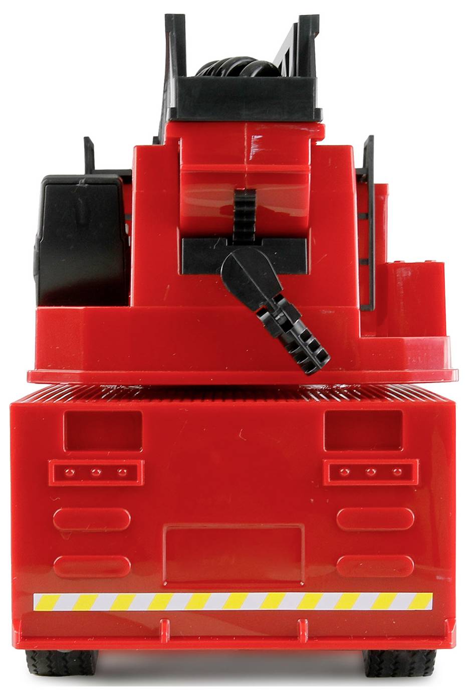 Red toy crane in the foreground, front view, showing lifting and gripping mechanism; suitable for children's role play.