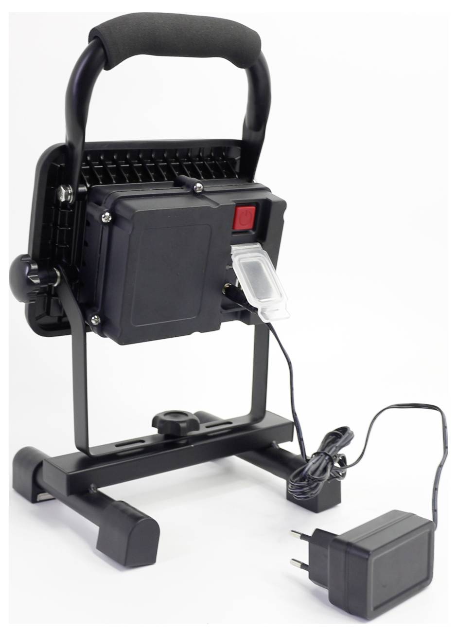 Portable LED work light with sturdy stand and ergonomic handle, including charger. Ideal for site lighting.