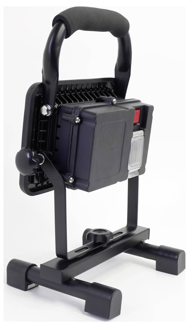 A portable LED work light with a black housing and red switch, mounted on a stand with a handle.