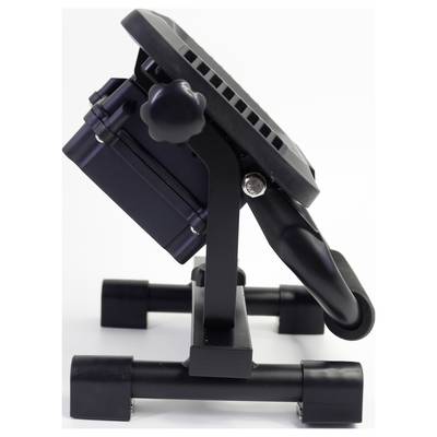 Floodlight viewed from the side, mounted on an adjustable stand. The light is housed in a black casing.