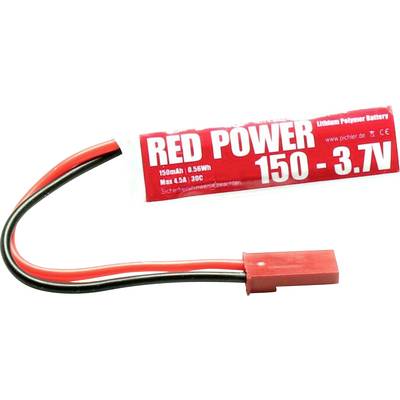 Charger with red label, inscription 'RED POWER 150 - 3.7V', lithium-polymer battery, red and black cables with connector attachment.