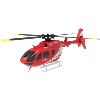 Red rescue helicopter with 'FlutZone' logo and white stars; used for rapid medical response.
