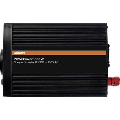 Black Voltage Inverter 'POWERinvert 300 W' by OSRAM, converts 12 V DC to 230 V AC, compact design.