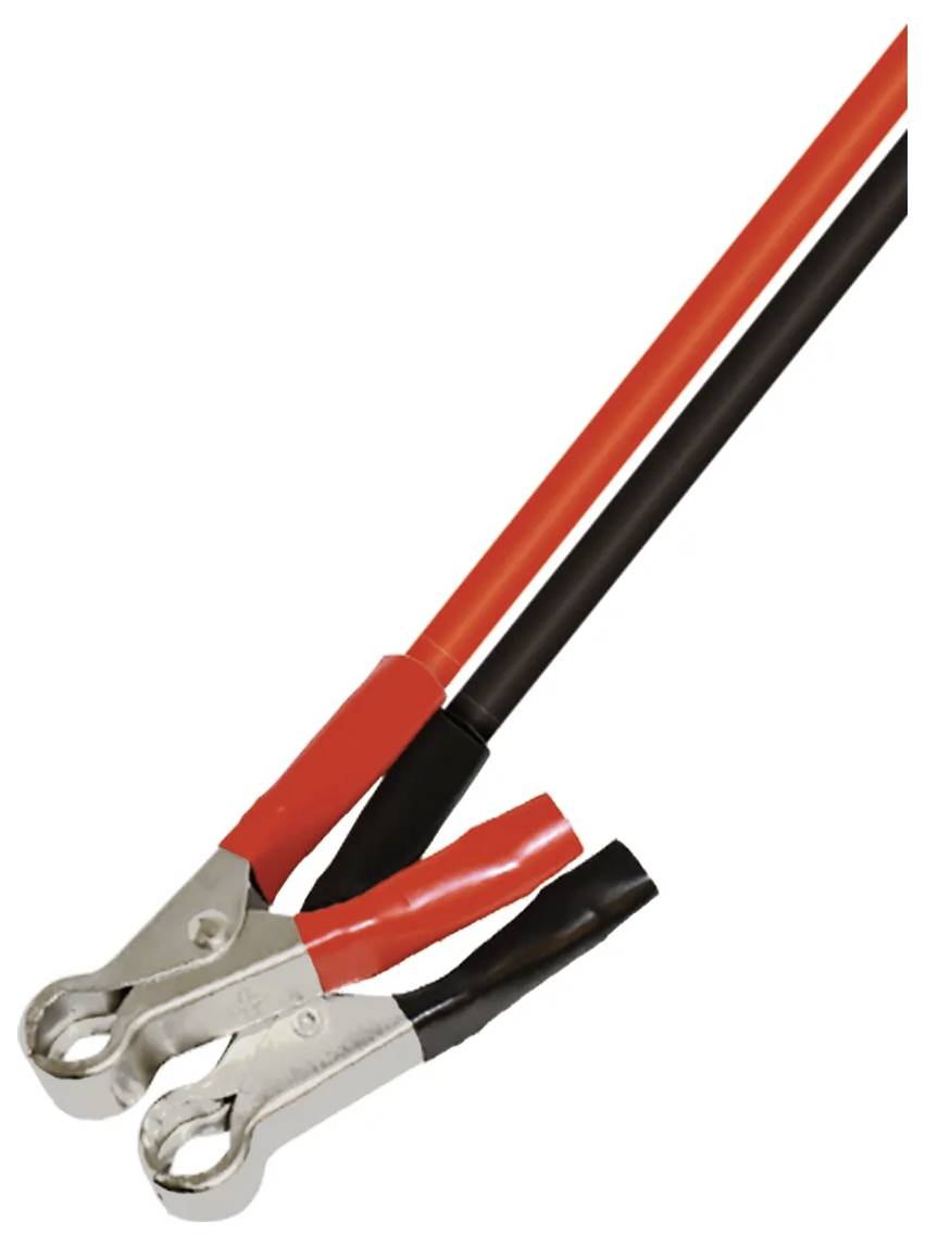 Two colour-coded cables, one red and one black, with metal eyelets at the ends, suitable for connecting batteries.