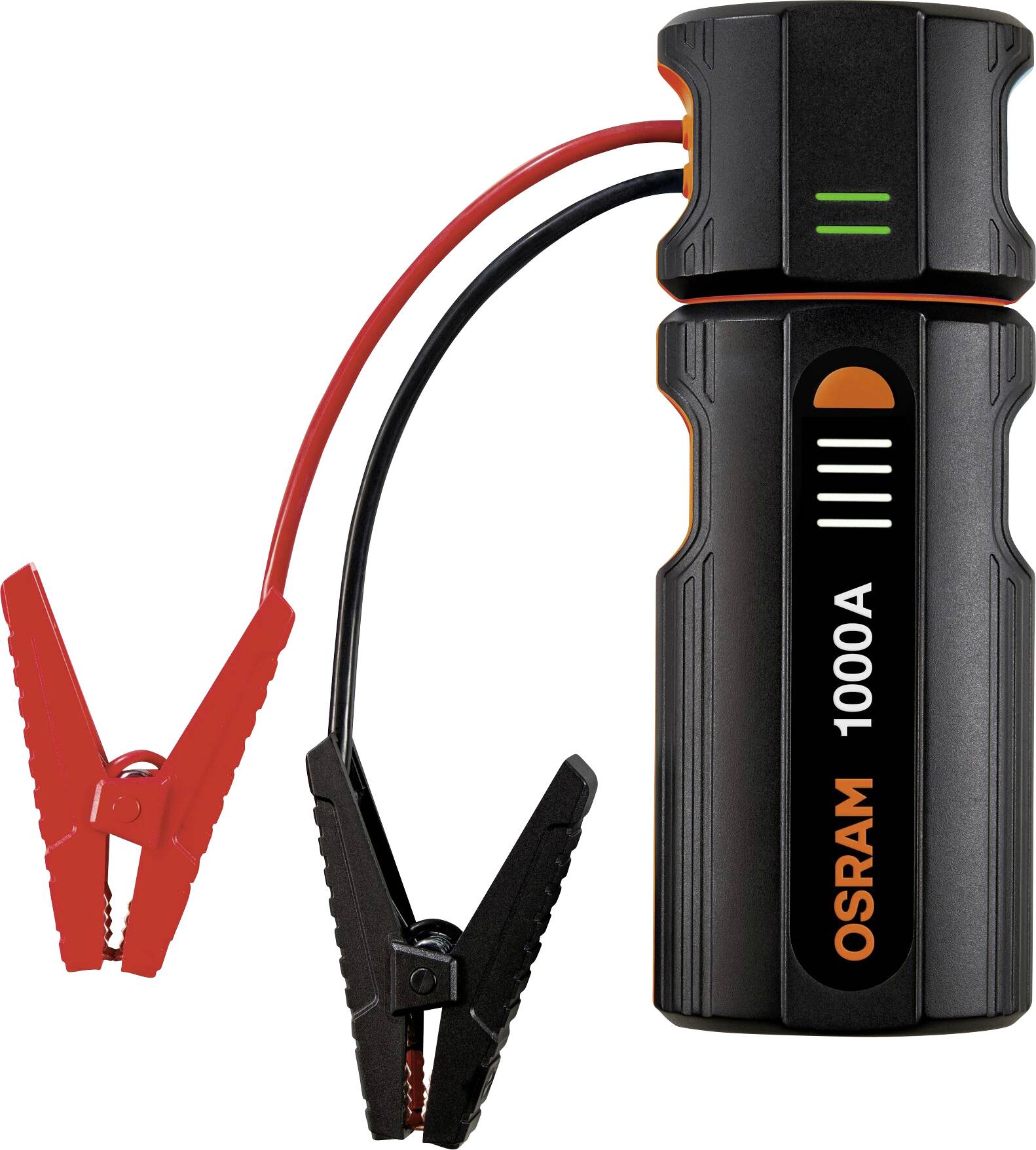 A black jump starter with red and black cables. Print reads 'OSRAM 1000A'. Suitable for starting vehicles.