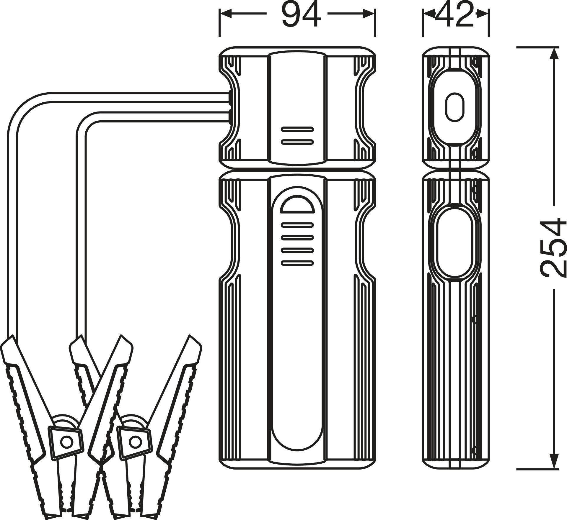 Technical drawing of a battery charger with dimensions: 94 x 42 x 254 mm, including terminals.