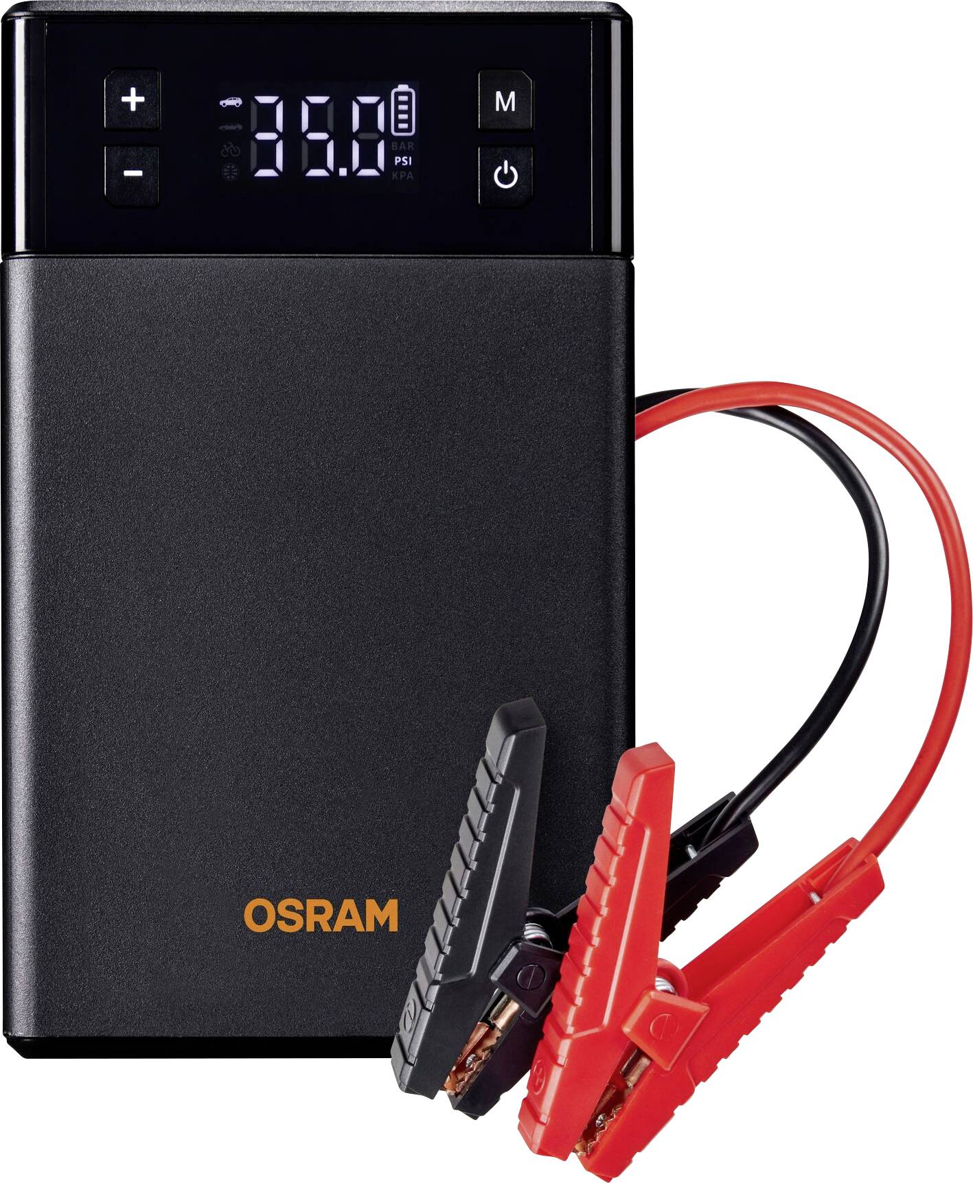 Portable digital car air compressor with LED display and cable clamps by OSRAM.