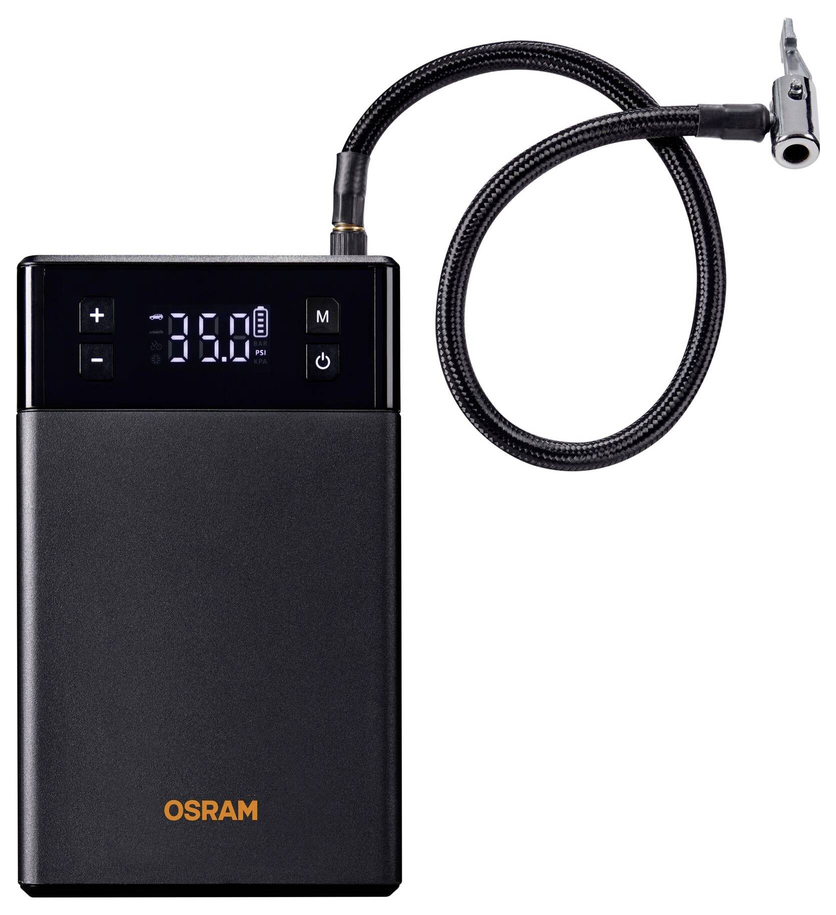 Portable digital air compressor with pressure display and flexible hose, suitable for inflating tyres.