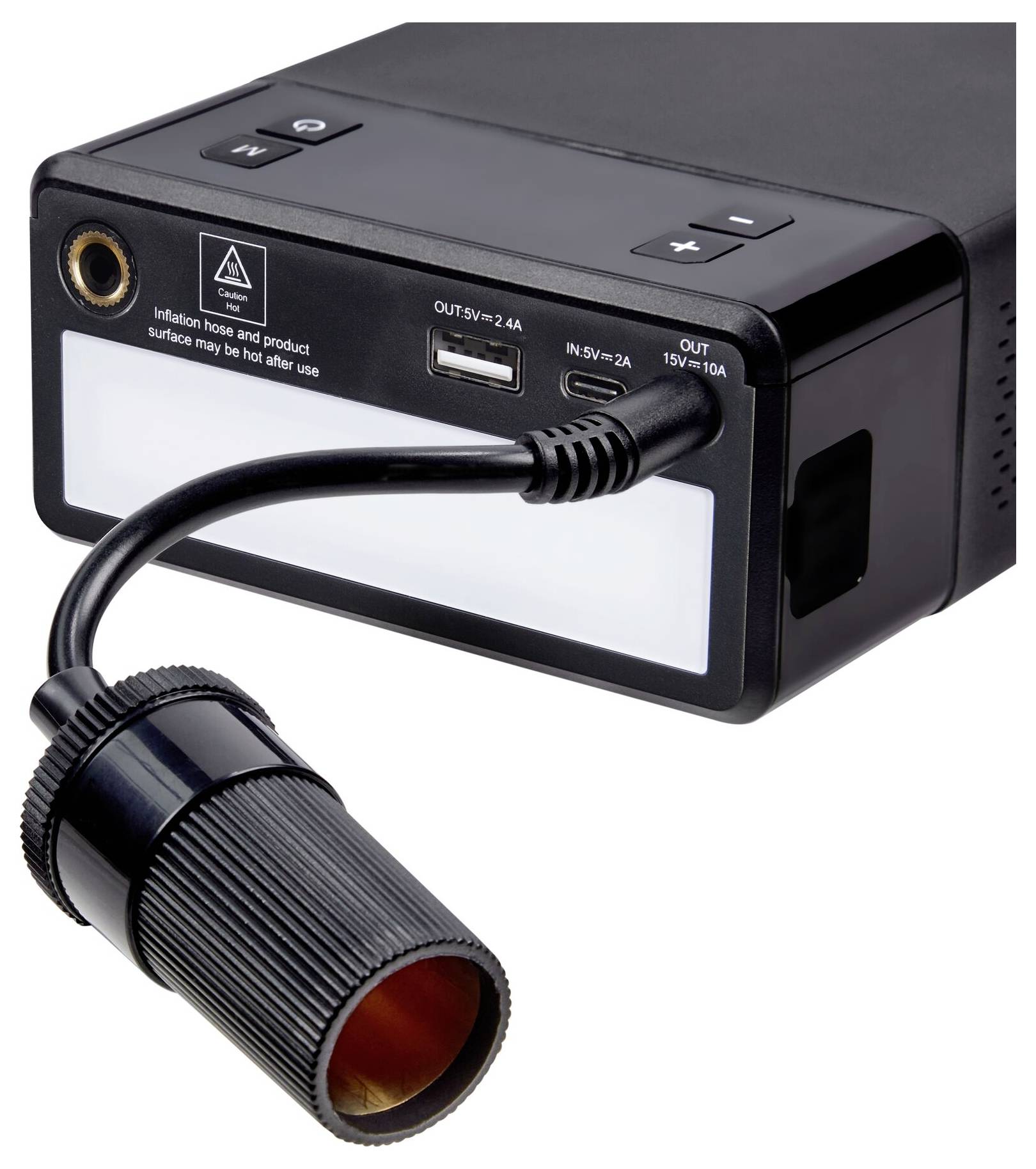 Black multi-socket charger with connected cable. Symbols indicate caution as the surface may become hot.