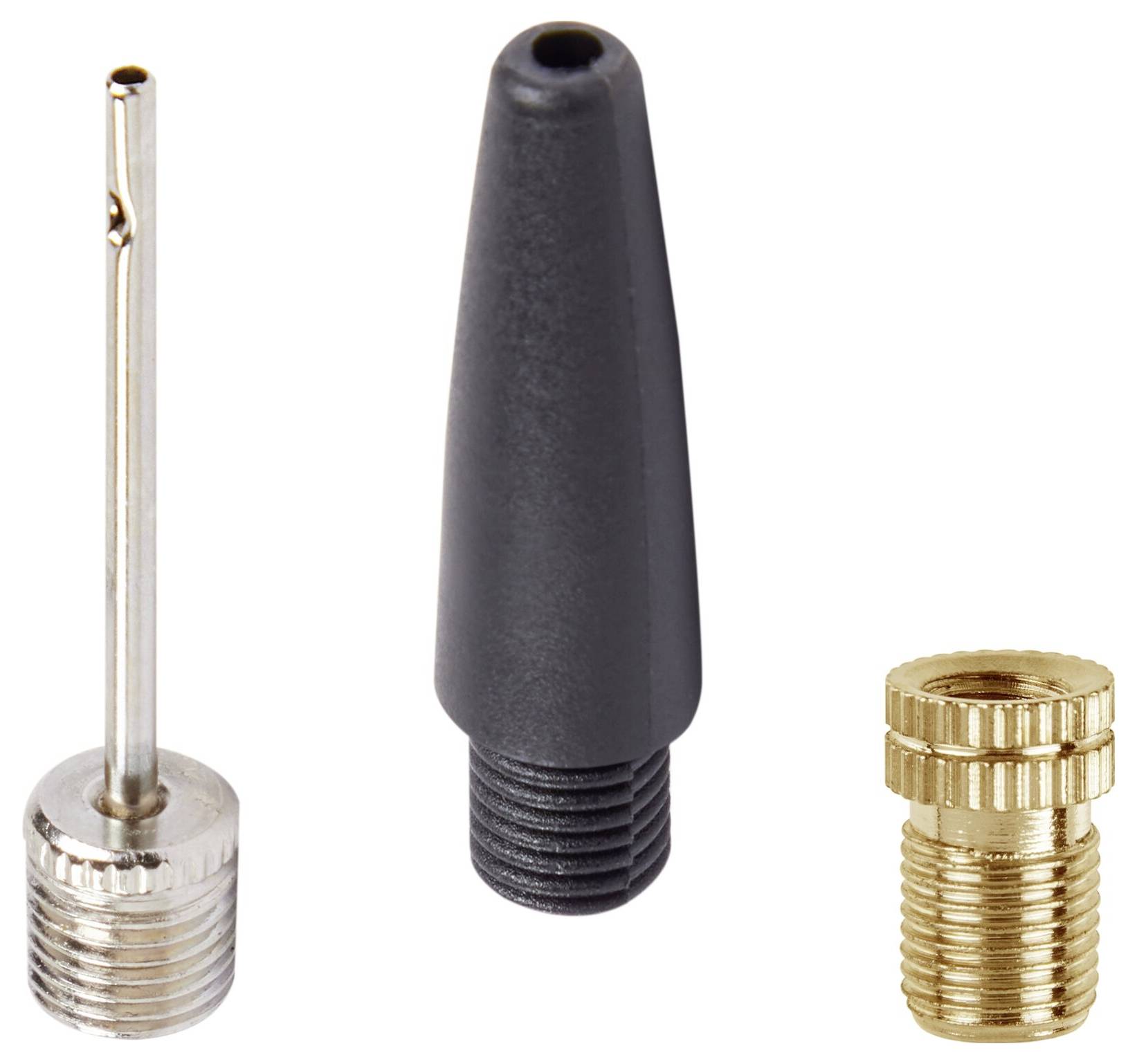 'Three ball pump attachments: a metal needle for balls, a black rubber nozzle and a brass adapter for air mattresses or other inflatable items.'