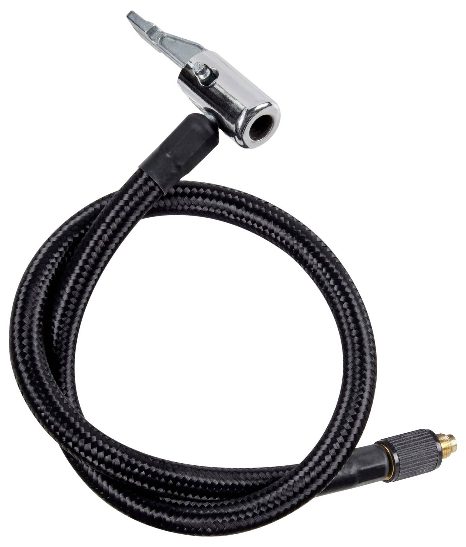 A black braided air hose with metal connector and threaded adapter, suitable for bicycle pumps and similar devices.