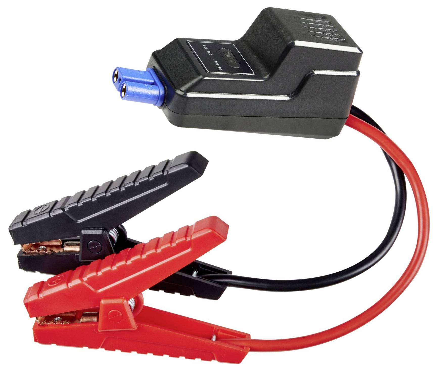 Jump leads with black and red clamps and an adapter, used for starting a car battery.