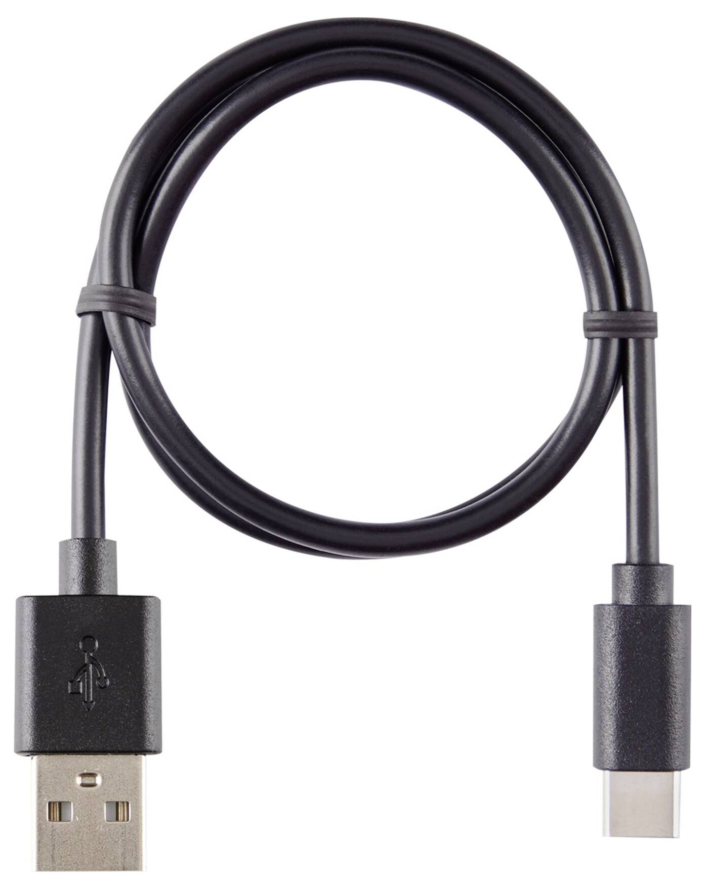 A black USB cable with USB-A and USB-C connectors, demonstrating electronic device connectivity.