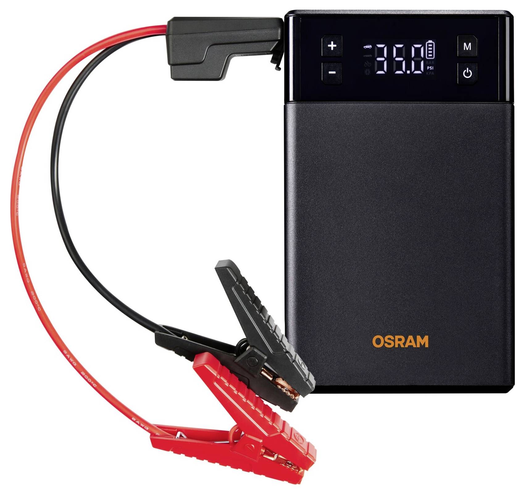 A black car battery charger by Osram with a digital display showing '35.0 psi', and connected red and black cables.