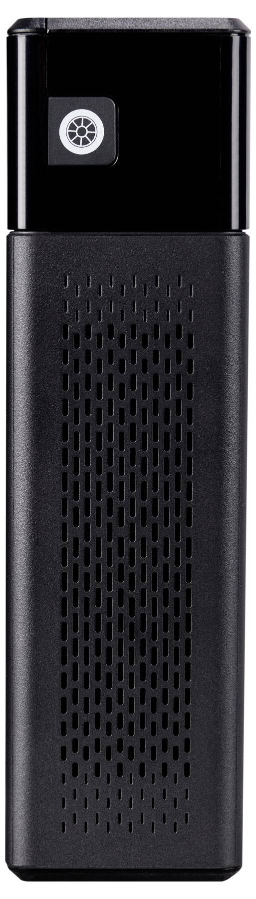 Portable black air purifier with ventilation grille and a button on top, for cleaning room air.