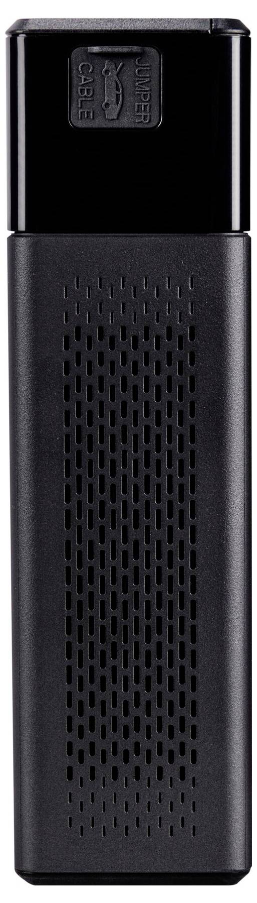 Black portable speaker with a rectangular, vertical design and perforated surface for sound transmission.