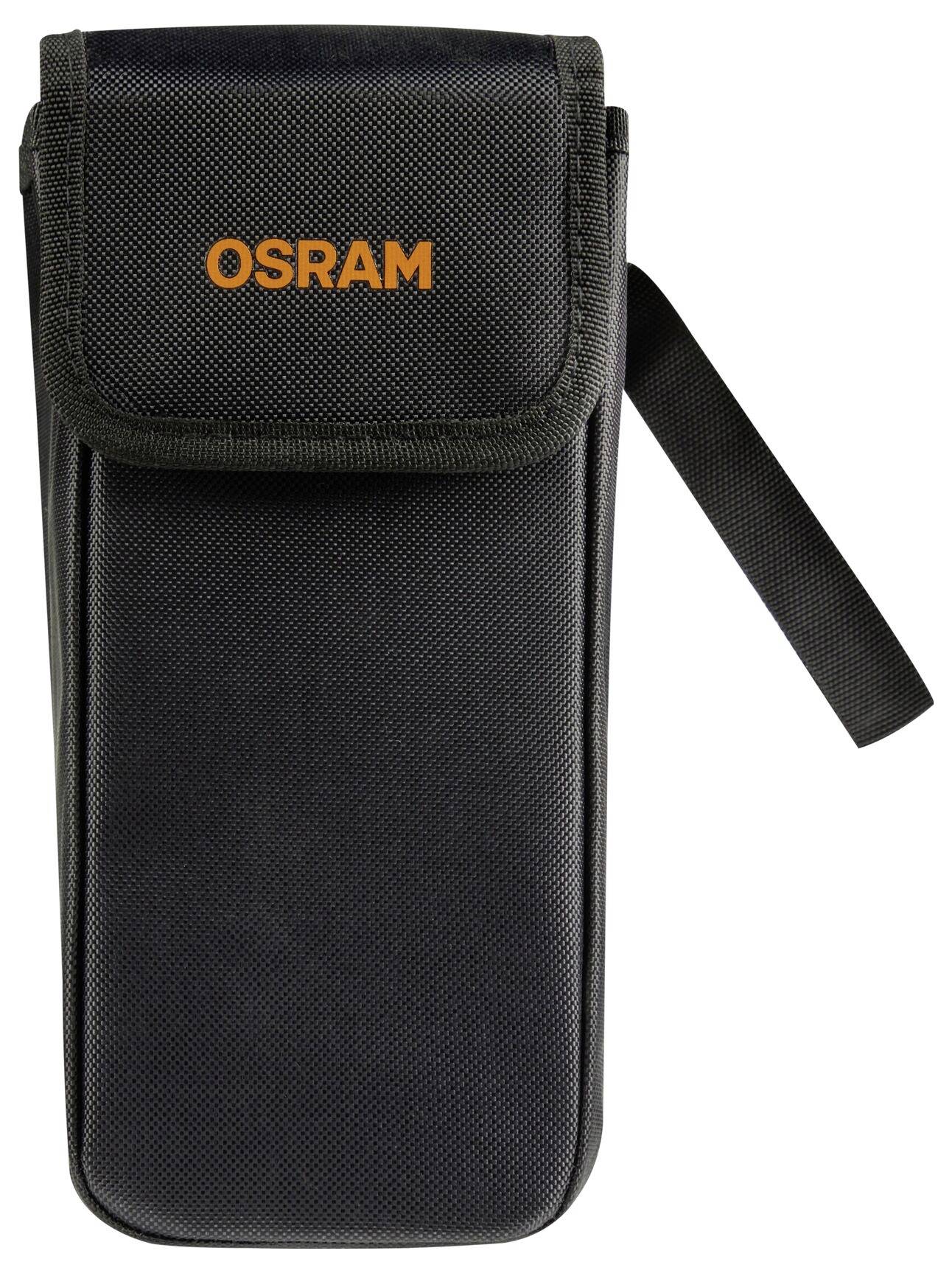 Black bag with flap and shoulder strap; orange print 'OSRAM'. Ideal for storing lamps or accessories.