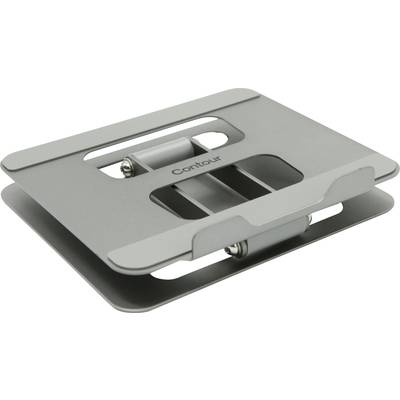 A grey, foldable metal laptop stand, marked with 'Contour'. Ideal for raising and ventilating laptops.