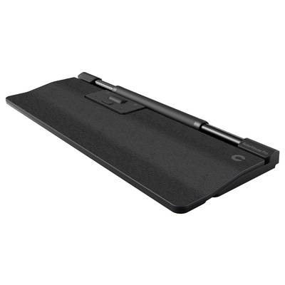A black ergonomic wrist rest for keyboards, with supportive design for comfortable computer use.