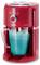 Red ice cream cocktail blender, filled with blue drink. Push-button switch at the front, transparent container with handle.