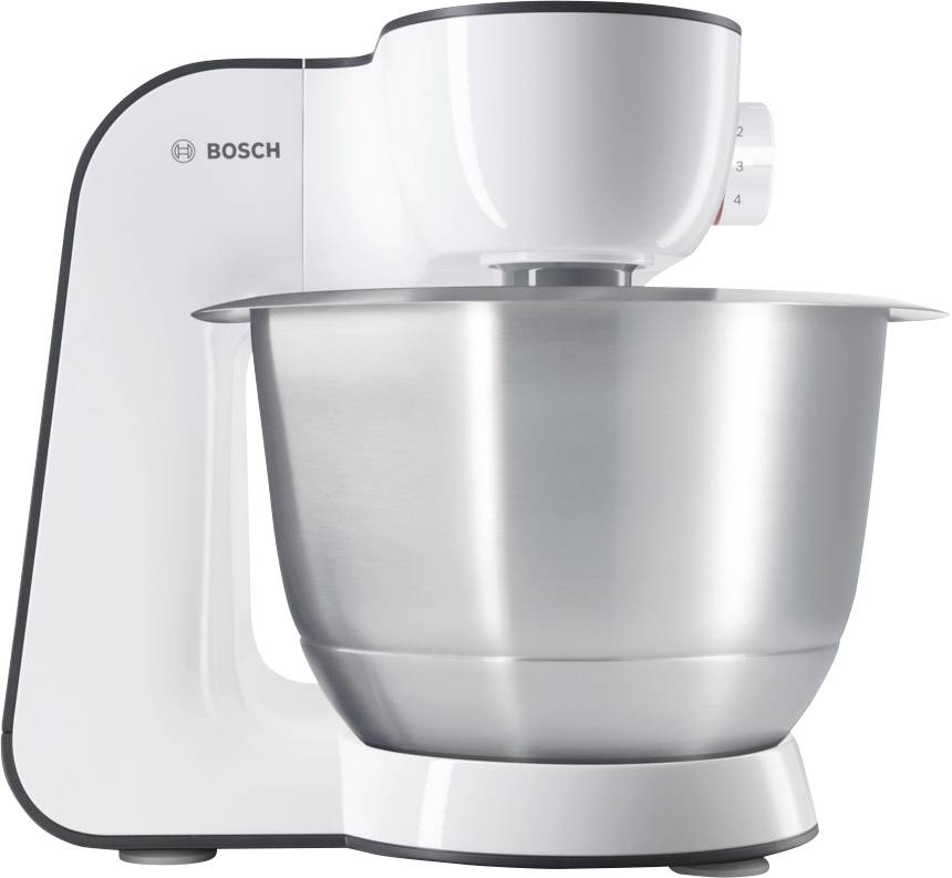 A professional electric food mixer with a large stainless steel mixing bowl, manufactured by Bosch.
