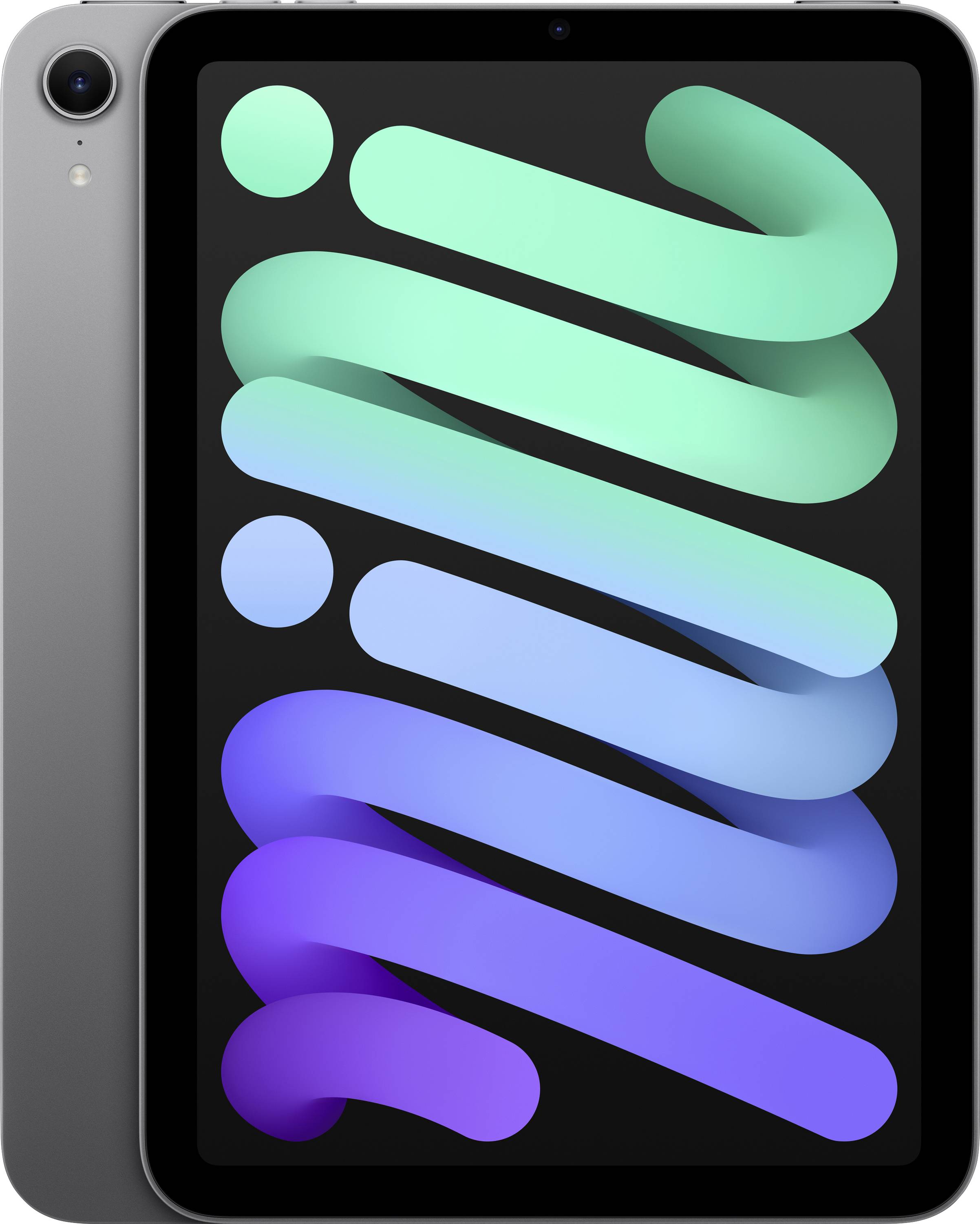 A tablet with a colourful, abstract pattern on the screen, transitioning from green to blue hues, against a dark background.