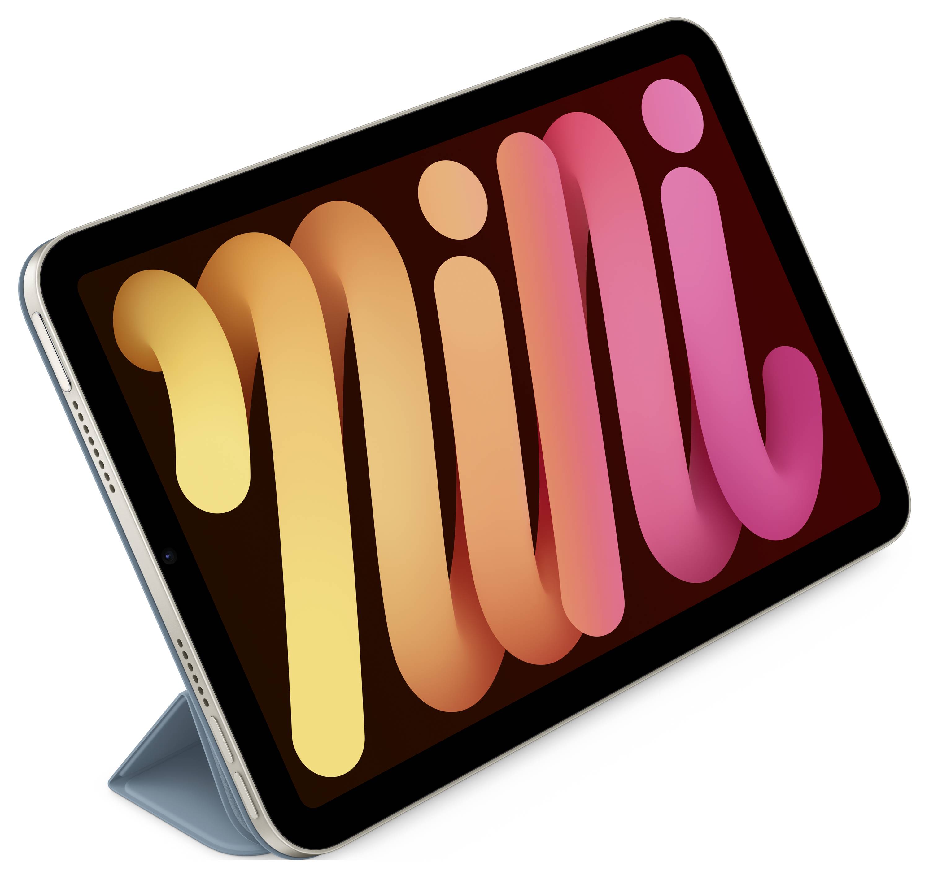 Tablet in a protective case with a display showing the word 'mini' in large, colourful letters, positioned at an angle against a white background.
