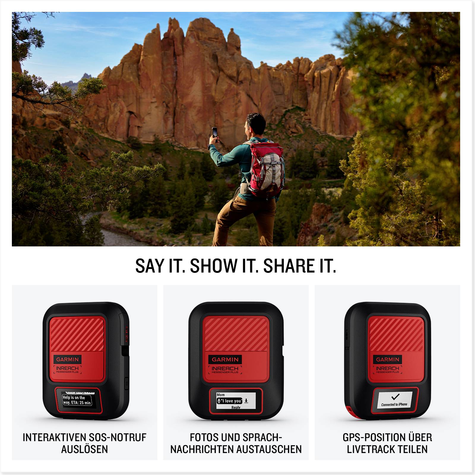 'Person hiking in mountainous landscape during daylight.' Below: 'Interactive SOS emergency call', 'Exchange photos and voice messages', 'Share GPS location via Livetrack'
