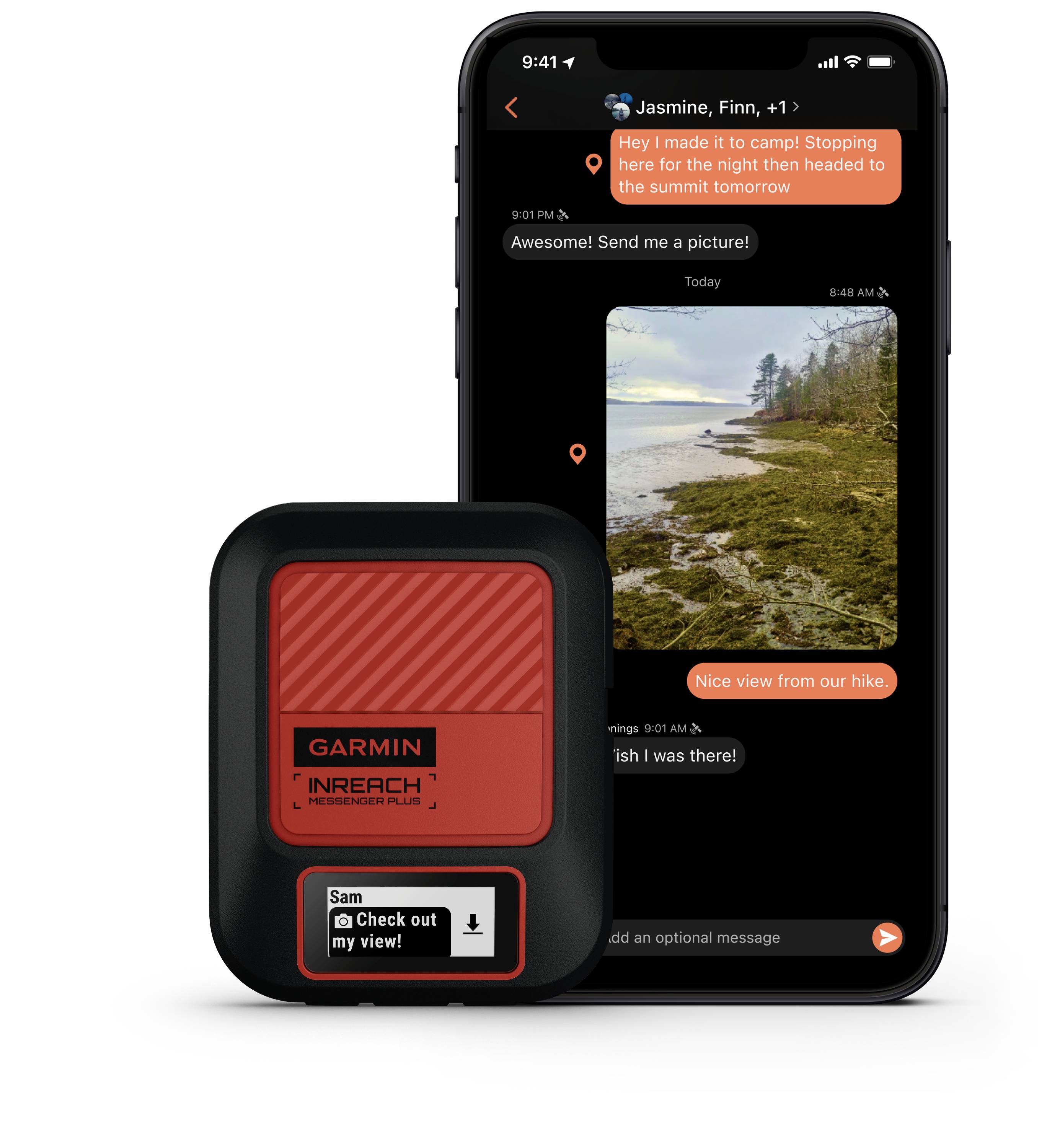 A Garmin InReach Mini 2 device in front of a smartphone. The mobile phone screen shows a message conversation with an image of a hike.