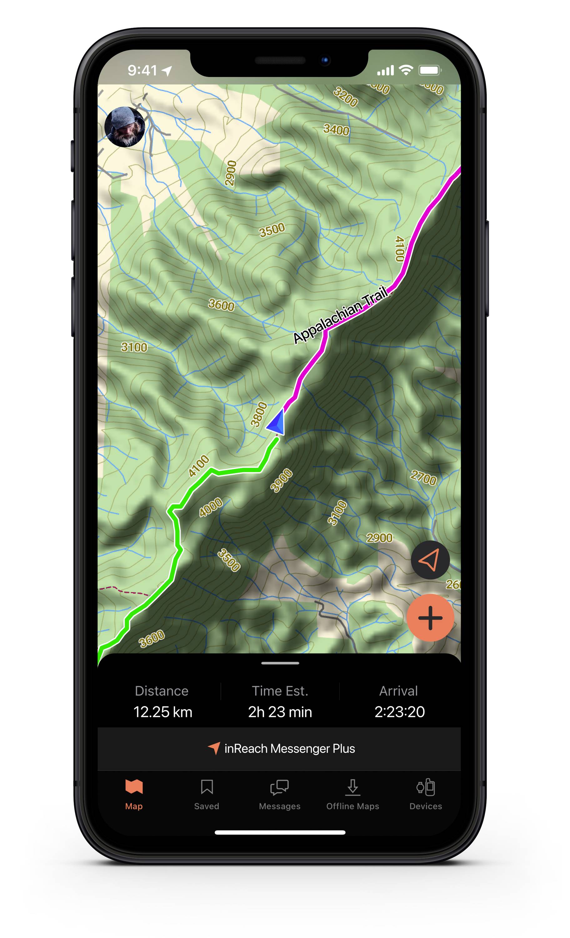 A smartphone displays a hiking map with green and pink routes, terrain elevations, and details. The bottom bar shows distance, time, and estimated arrival time.