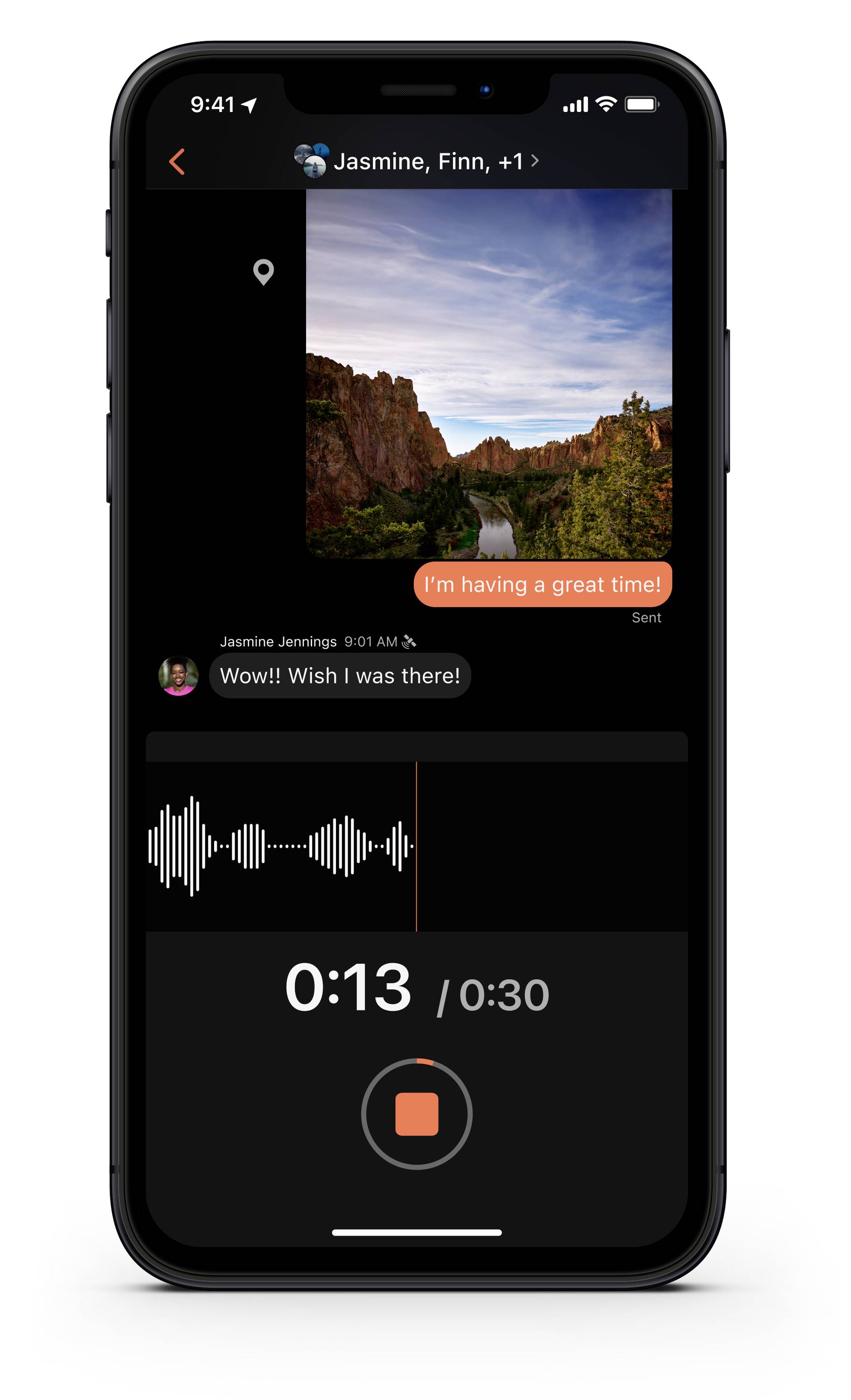 A smartphone displays a messaging app. At the top, a landscape photo with a chat message reading 'I'm having a fab time!'. Below, an audio message.