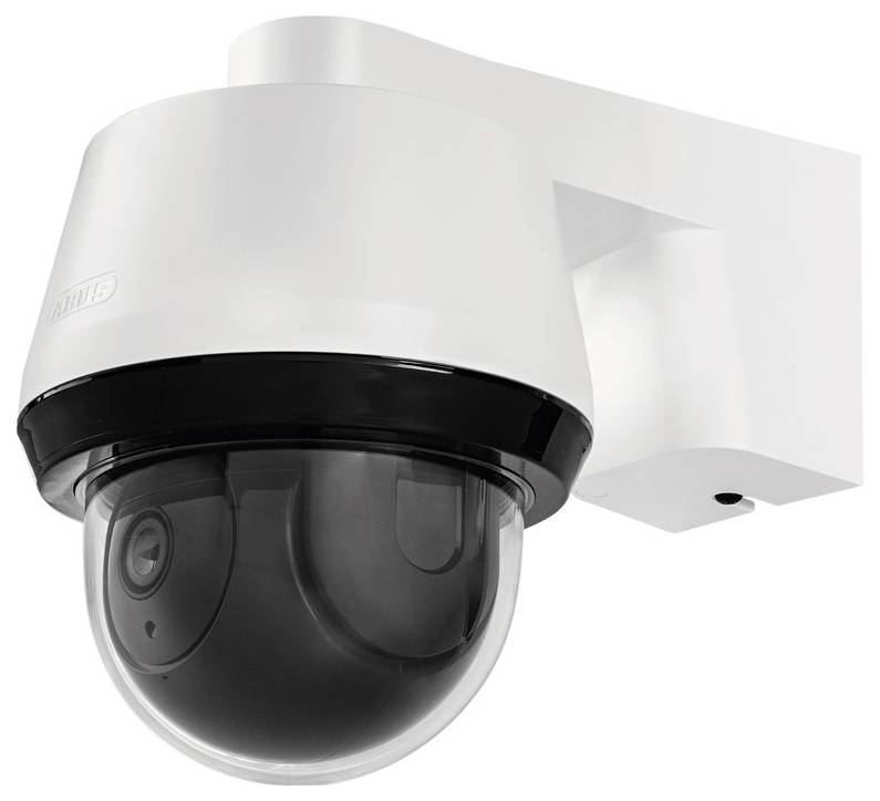 White surveillance camera with black dome mounted on a wall bracket, suitable for indoor and outdoor monitoring.
