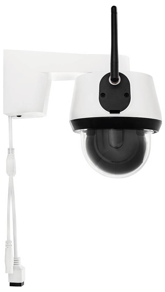 Wall-mounted surveillance camera with antenna, pointing downwards. Power and data cables are hanging loose.
