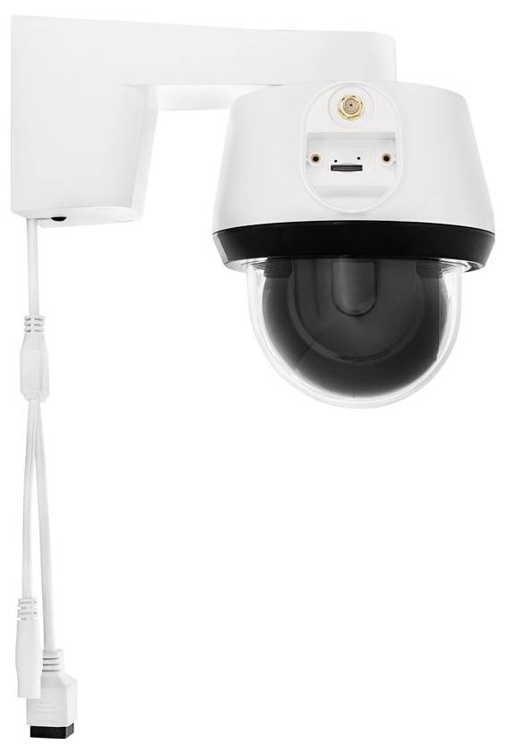 Surveillance camera with a black lens and white casing, mounted on an L-shaped wall bracket, connected by cable.