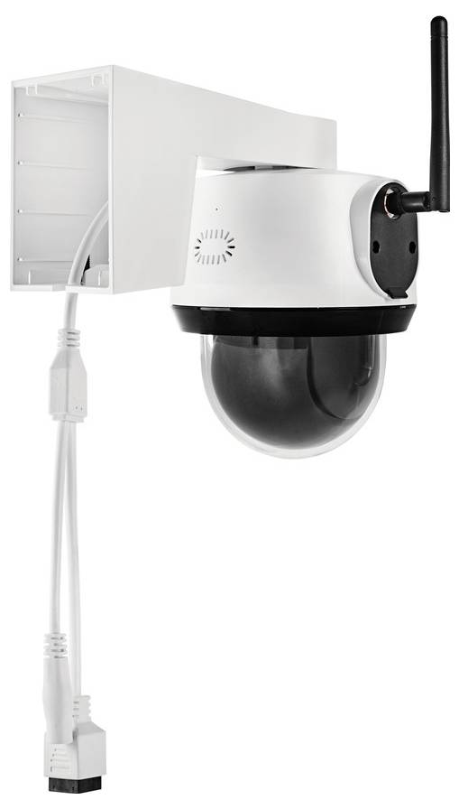 Pivoting surveillance camera with antenna and cable, mounted on a white wall bracket.