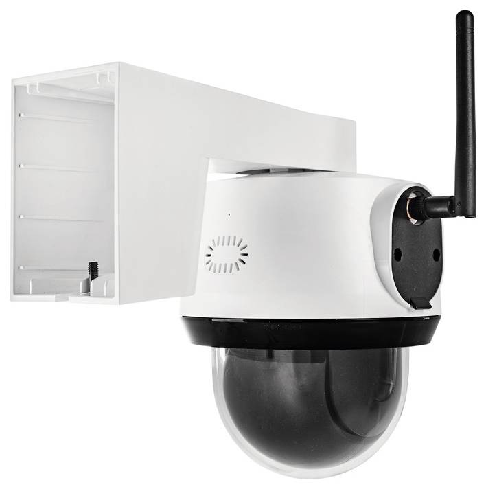 Surveillance camera with a rotatable housing and antenna, mounted on a white bracket.