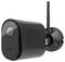 Black surveillance camera with Wi-Fi antenna, mounted sideways.