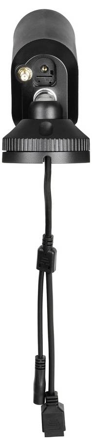 Black external surveillance camera with cable connections. The camera has a cylindrical housing and multiple ports at the base.