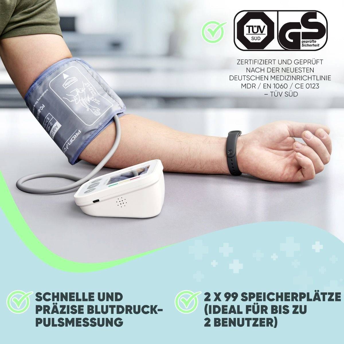 An arm with a blood pressure cuff, connected to a digital blood pressure monitor; text emphasises quick and precise measurement.