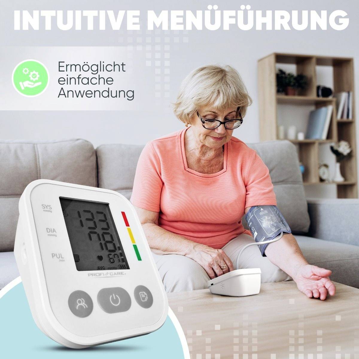 An elderly woman measures her blood pressure at home using a digital blood pressure monitor. Text: 'Intuitive menu navigation'.