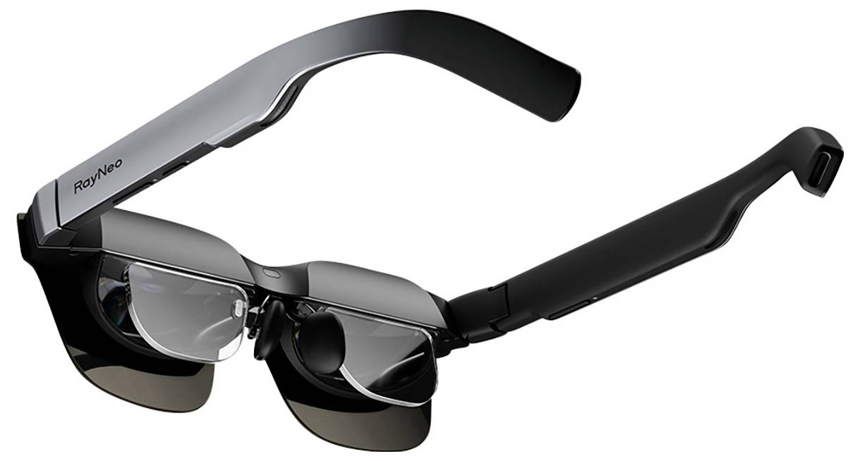 A black AR glasses with an integrated display and ergonomic design. It is crafted in a modern, functional style.