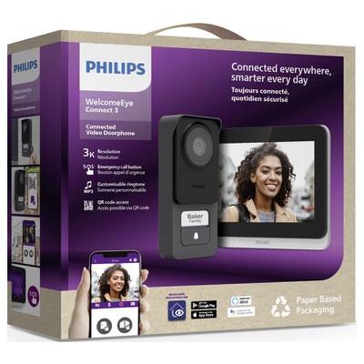 Philips WelcomeEye Connect 3 Video Doorbell Packaging with image of device, woman on screen and features: 3 MP camera, App control, QR code access.