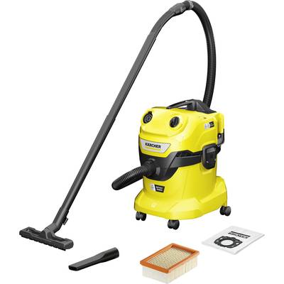 A yellow vacuum cleaner with a flexible hose and various nozzles and filters. Ideal for versatile cleaning tasks.