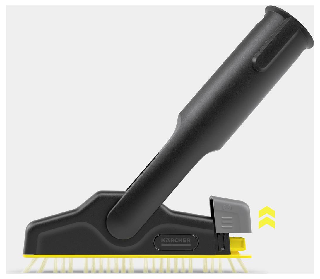 A black steam cleaner brush attachment with a handle, yellow bristles, and a small latch on the side for secure attachment.