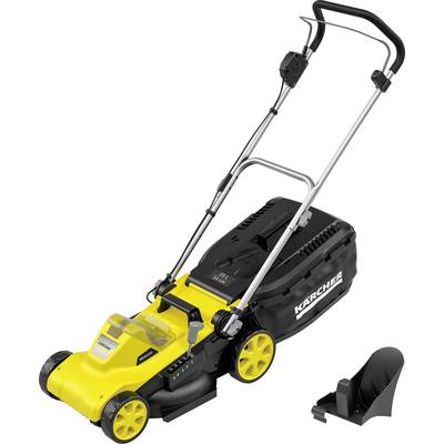 A yellow and black Kärcher lawnmower with a grass collection basket, suitable for maintaining small to medium-sized gardens.
