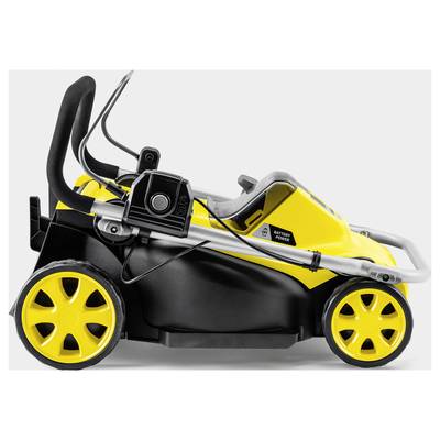 Yellow electric children's car motor with black and yellow casing, large yellow wheels and safety handles, side view.