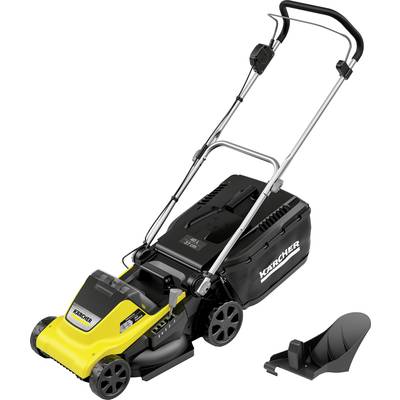 A yellow and black Kärcher lawnmower with a handle and collection basket. Standing on a white background, viewed from the right side.
