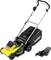 A yellow and black Kärcher lawnmower with a handle and collection basket. Standing on a white background, viewed from the right side.